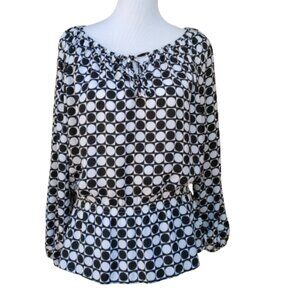 Ellen Tracy Peplum Geo-Print Blouse Black White Long Sleeve Satin Tie-Neck